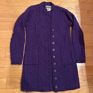 Aran Crafts Irish royal purple long merino wool sweater coat